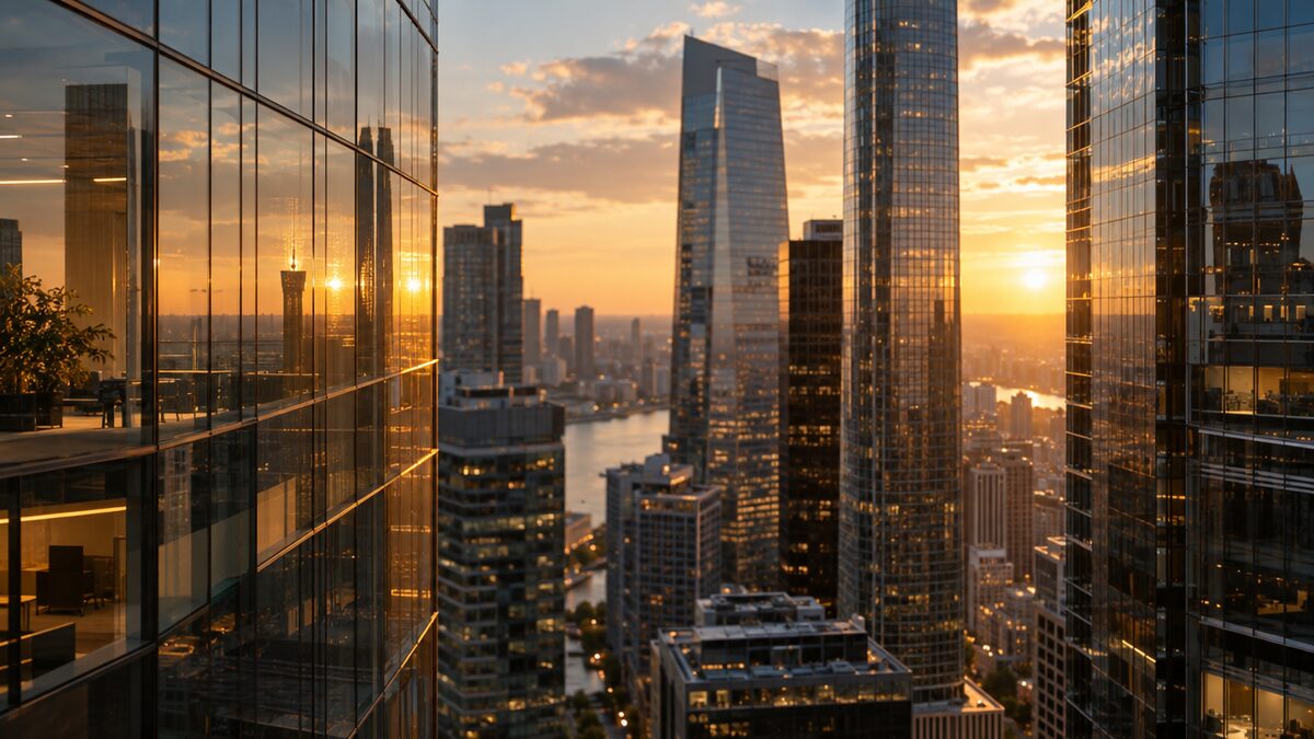 Glass skyscrapers in a city financial district at golden hour