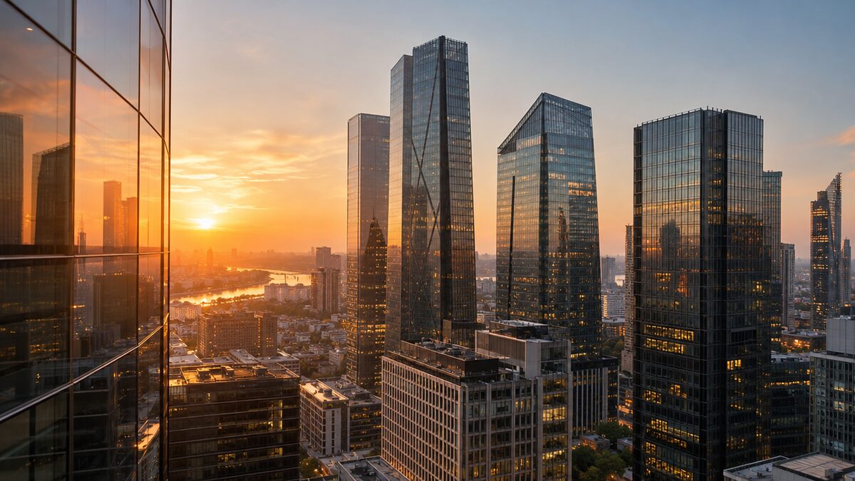 Glass skyscrapers in a city financial district at sunset