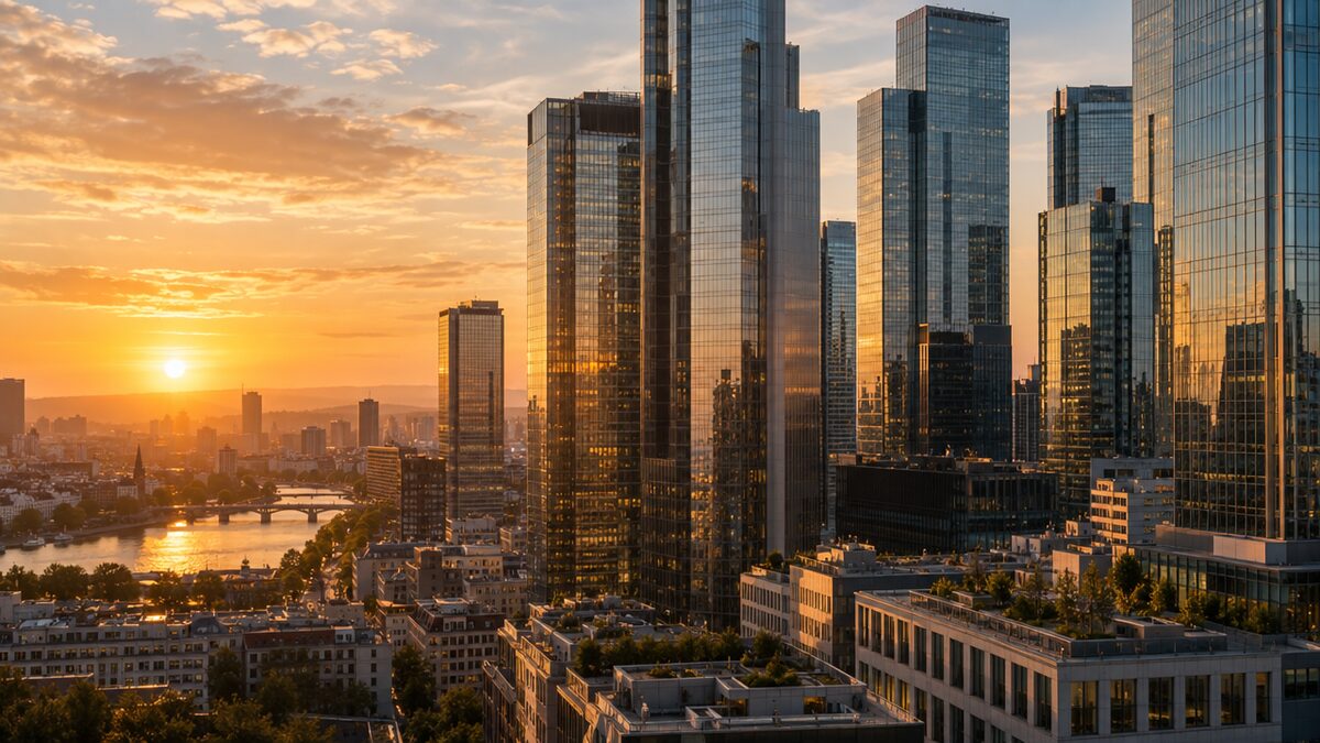 Glass skyscrapers in a city financial district at sunset beside a river