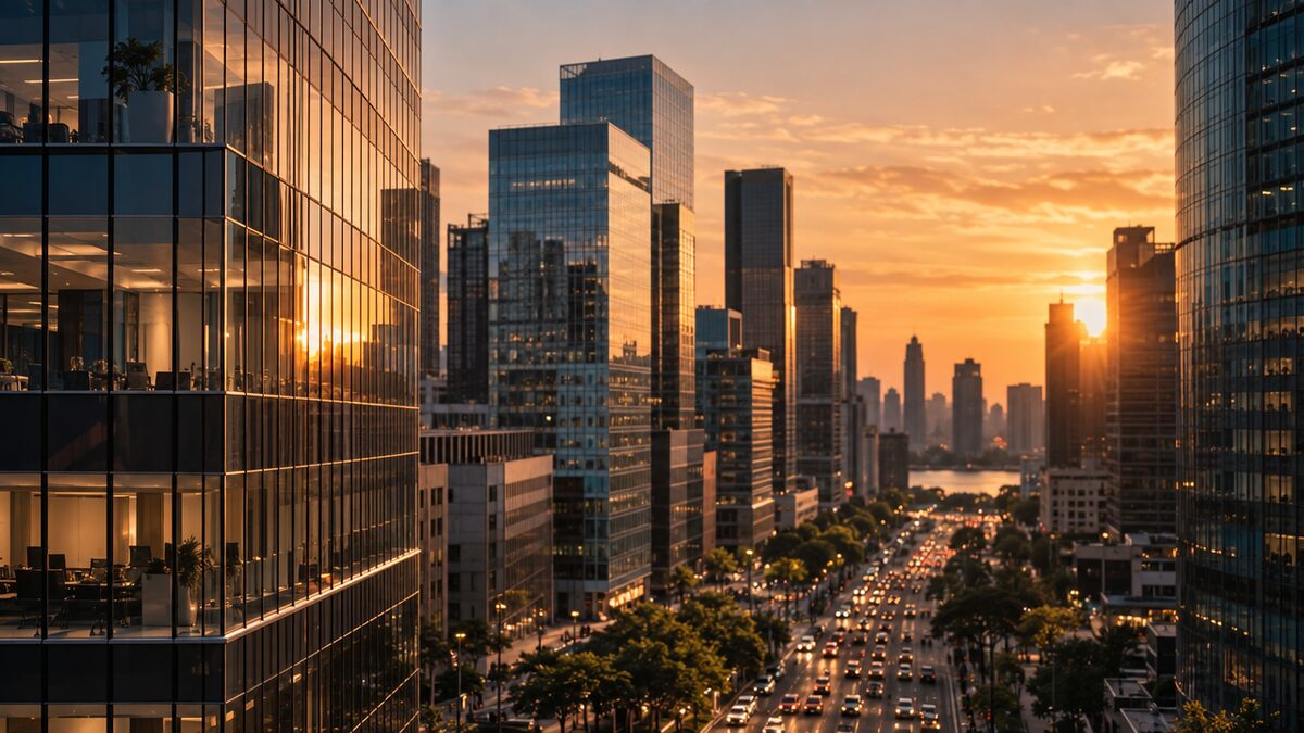 Glass office towers in a city financial district at sunset above a busy street