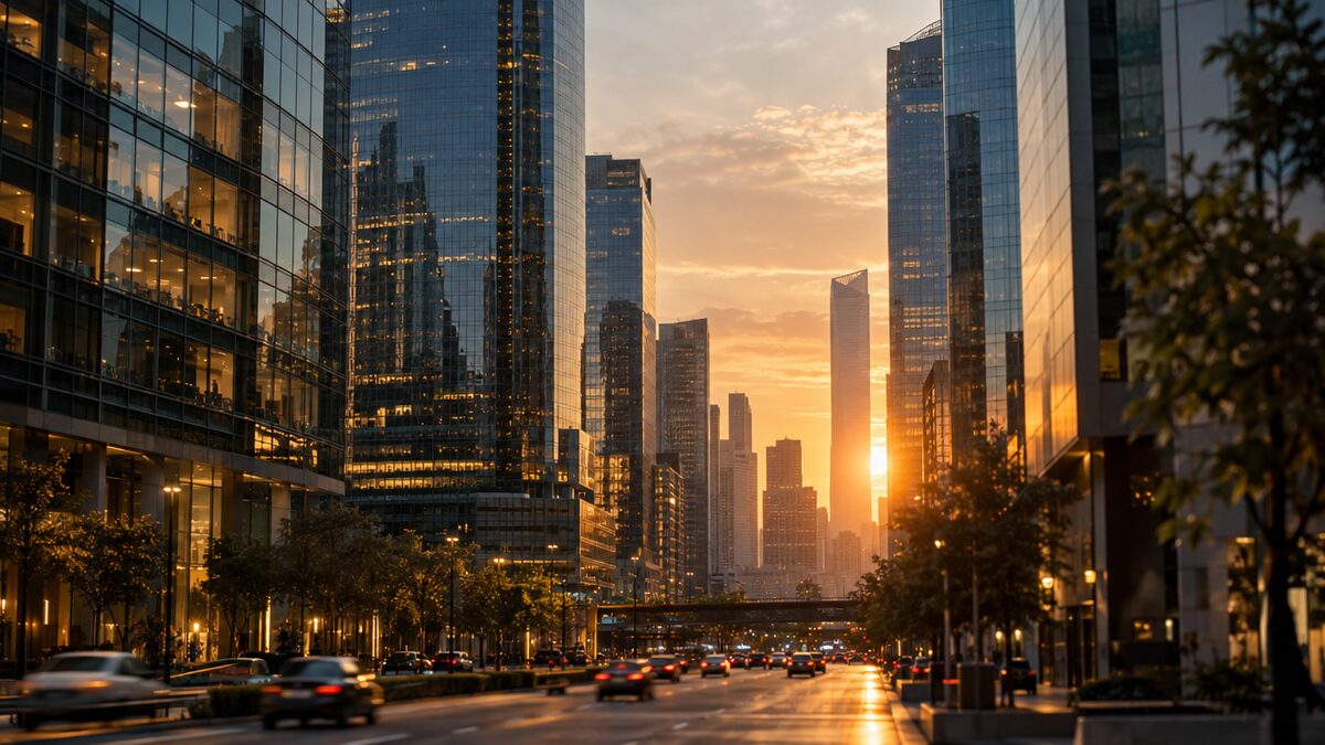 Glass office towers in a city financial district at sunset above a busy street